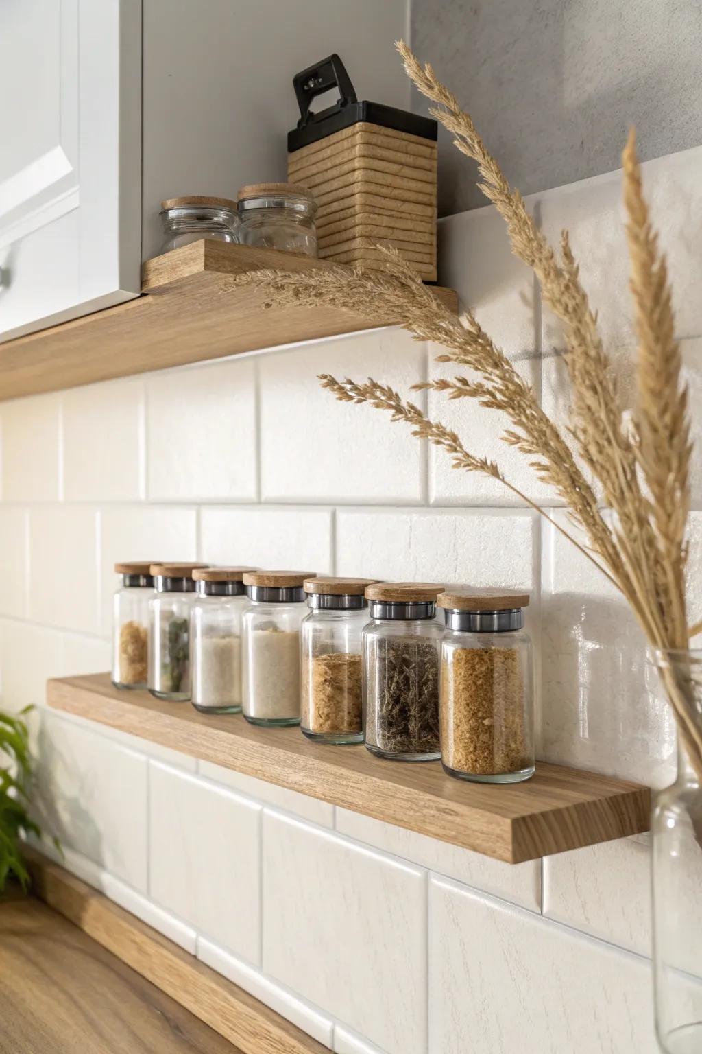 Floating clear spice shelves keep tiny kitchens airy—storage without the visual bulk.