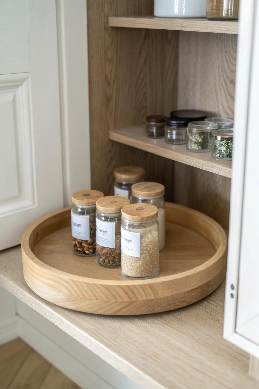 A wooden lazy Susan keeps corner-cabinet spices effortless, tidy, and beautifully within reach.