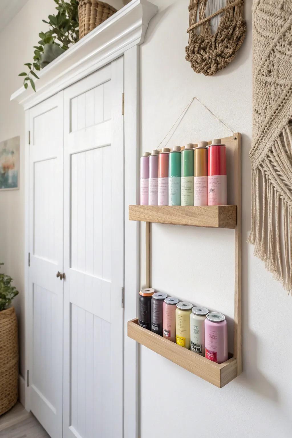 A slim wall shelf with a front lip keeps spray paint cans secure—even in the tightest spots.