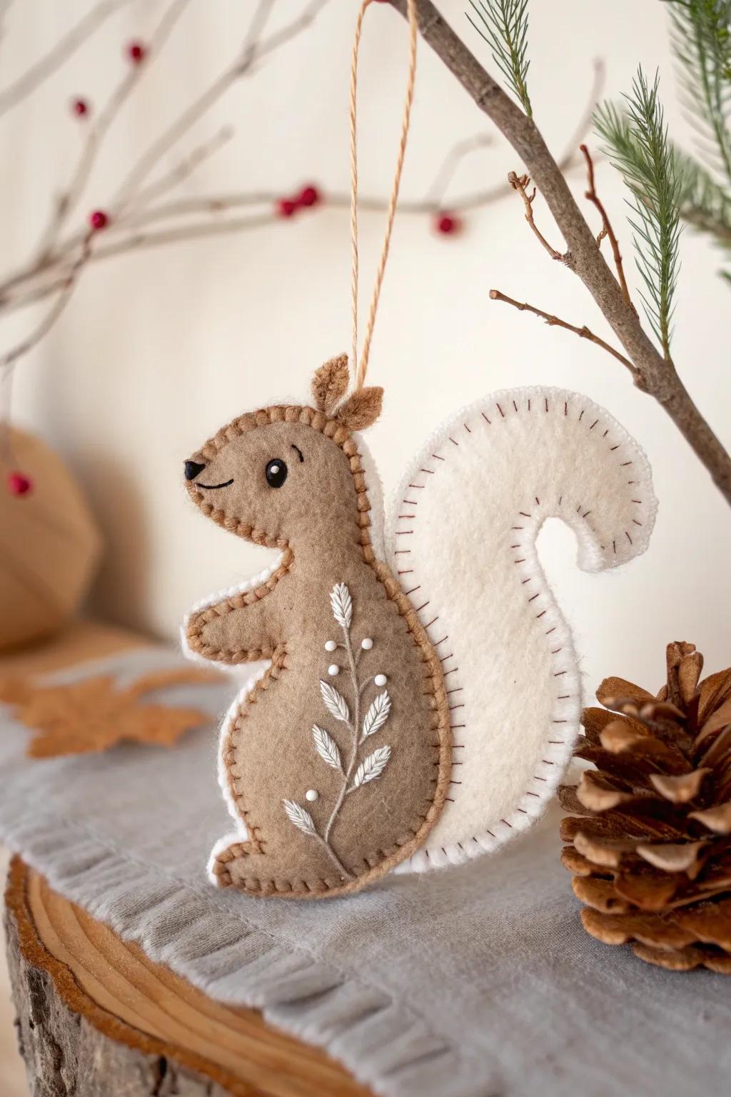 Bring a cozy woodland charm to your home with these handcrafted felt squirrel ornaments.