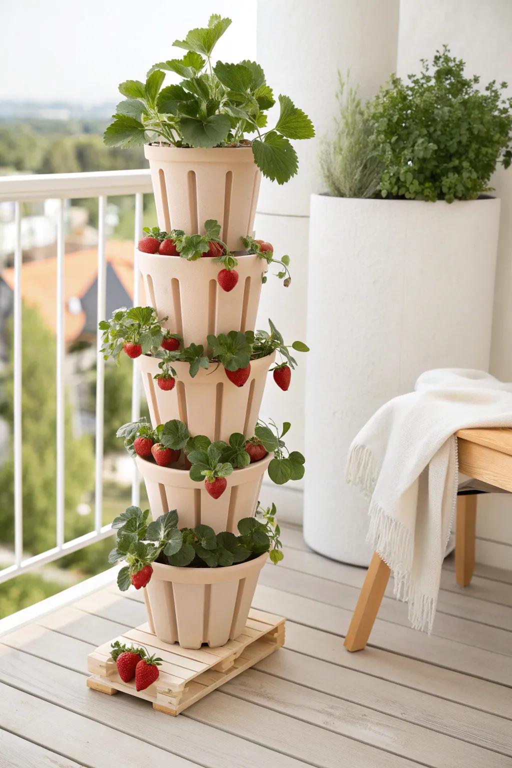 Strawberry stackable tower: tiny-space gardening with big harvest vibes.