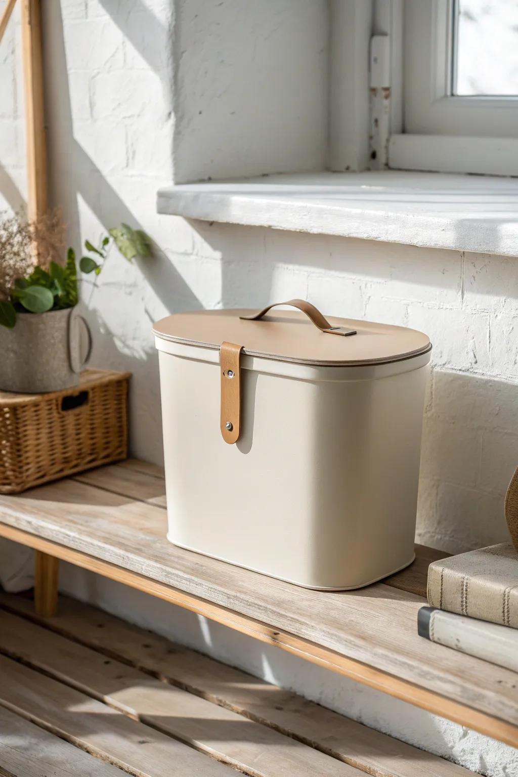 Opaque lidded bin on open shelving—hide cables and clutter while keeping it chic.