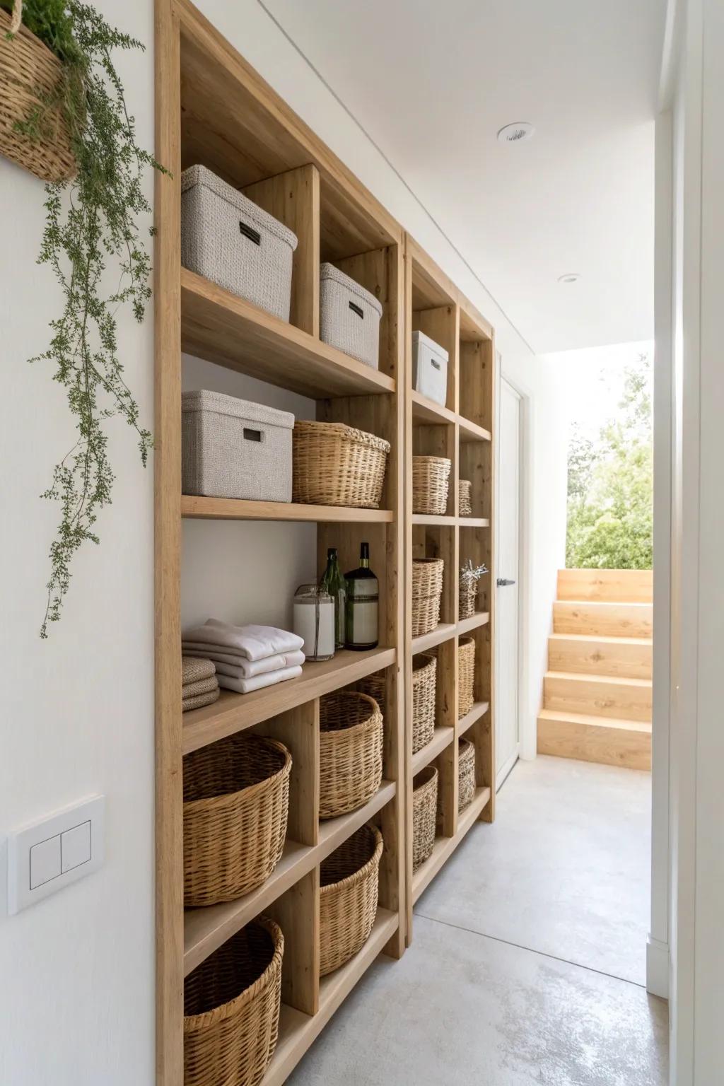 A tall shelving wall turns a narrow storage room into an airy, organized space from floor to ceiling.