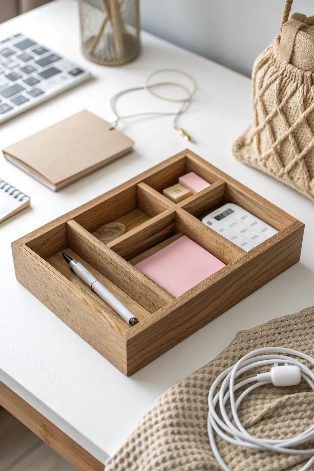 A simple wooden drawer divider keeps pens, notes, and chargers tidy in a small student desk.
