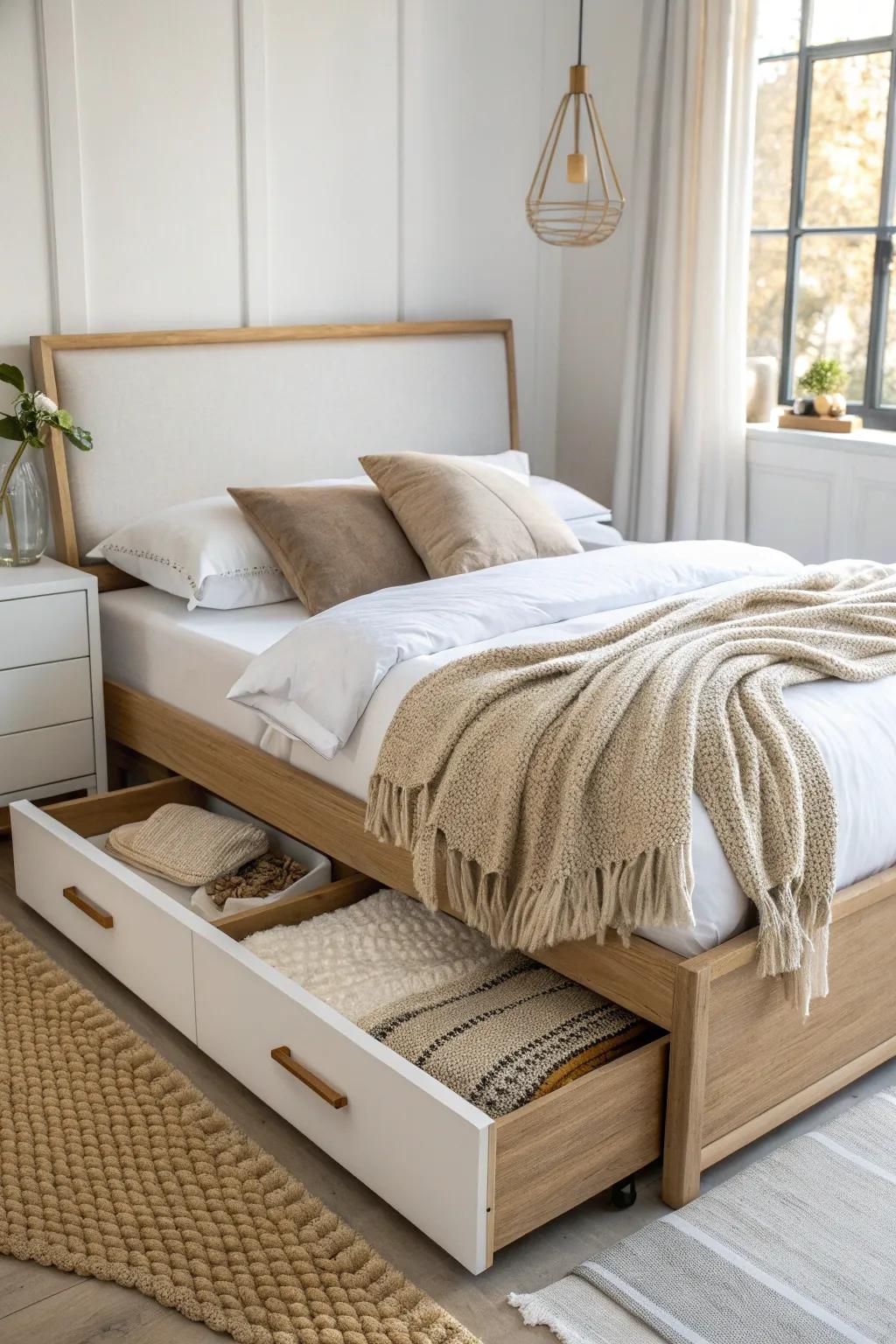 A storage bed that doubles as a closet—drawers keep blankets hidden and your studio airy.