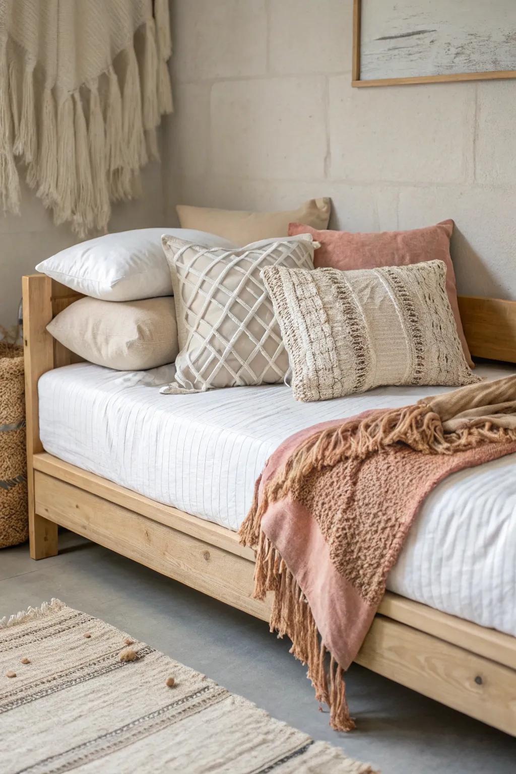 Layered linen pillows + a cozy throw make your bed read like a chic daybed all day.