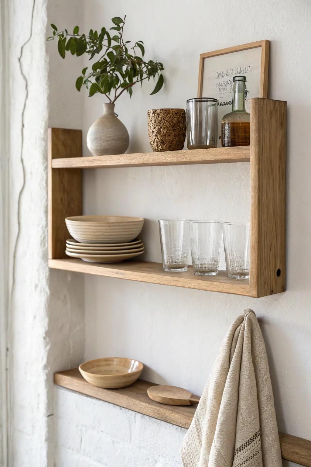 A single oak open shelf keeps a tiny studio kitchen airy—display only your prettiest essentials.