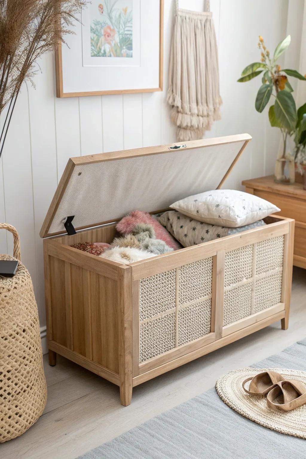 A chic toy chest bench that hides stuffed animals and adds extra seating in small spaces.