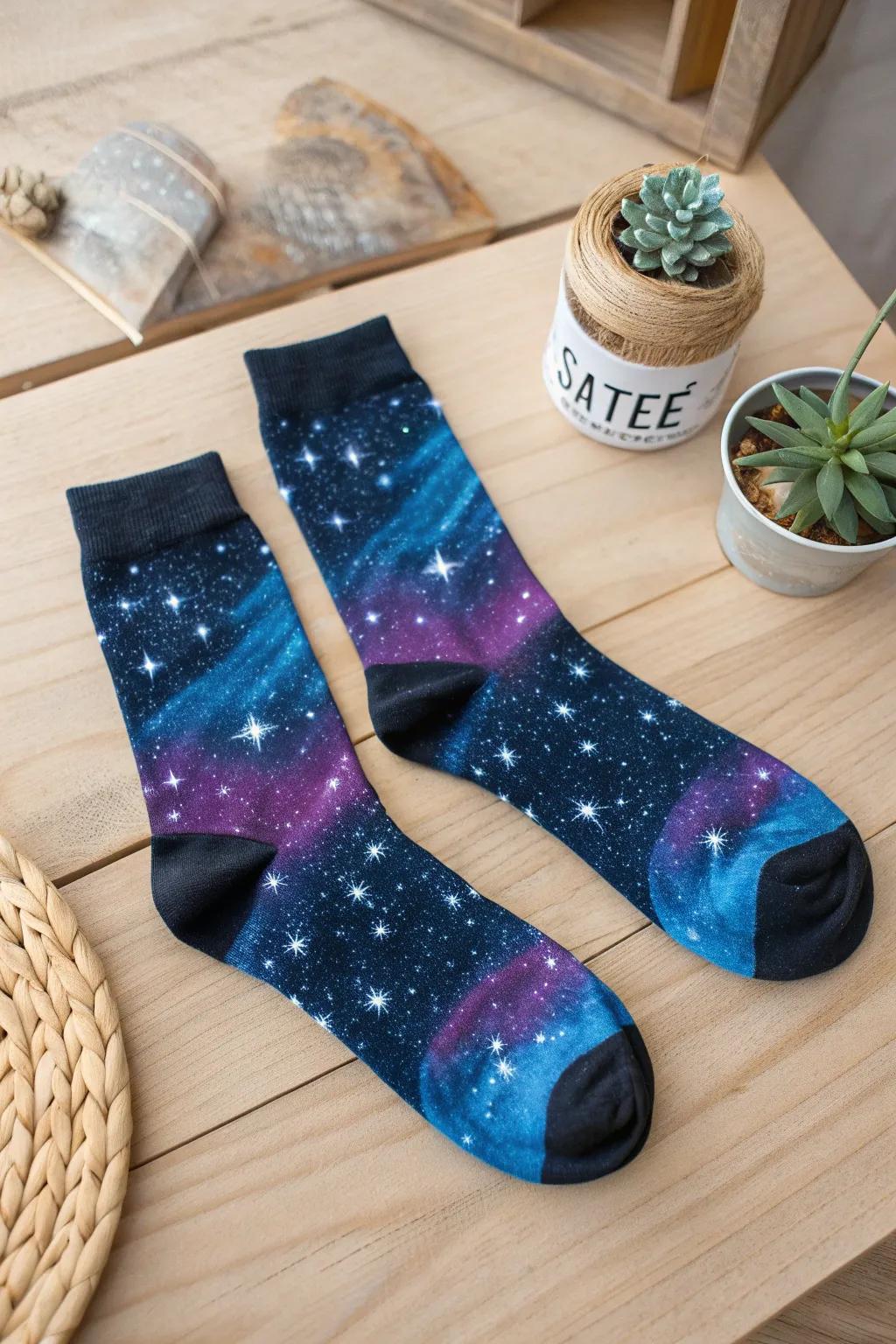 Step into the cosmos with these stunning galaxy-themed socks!