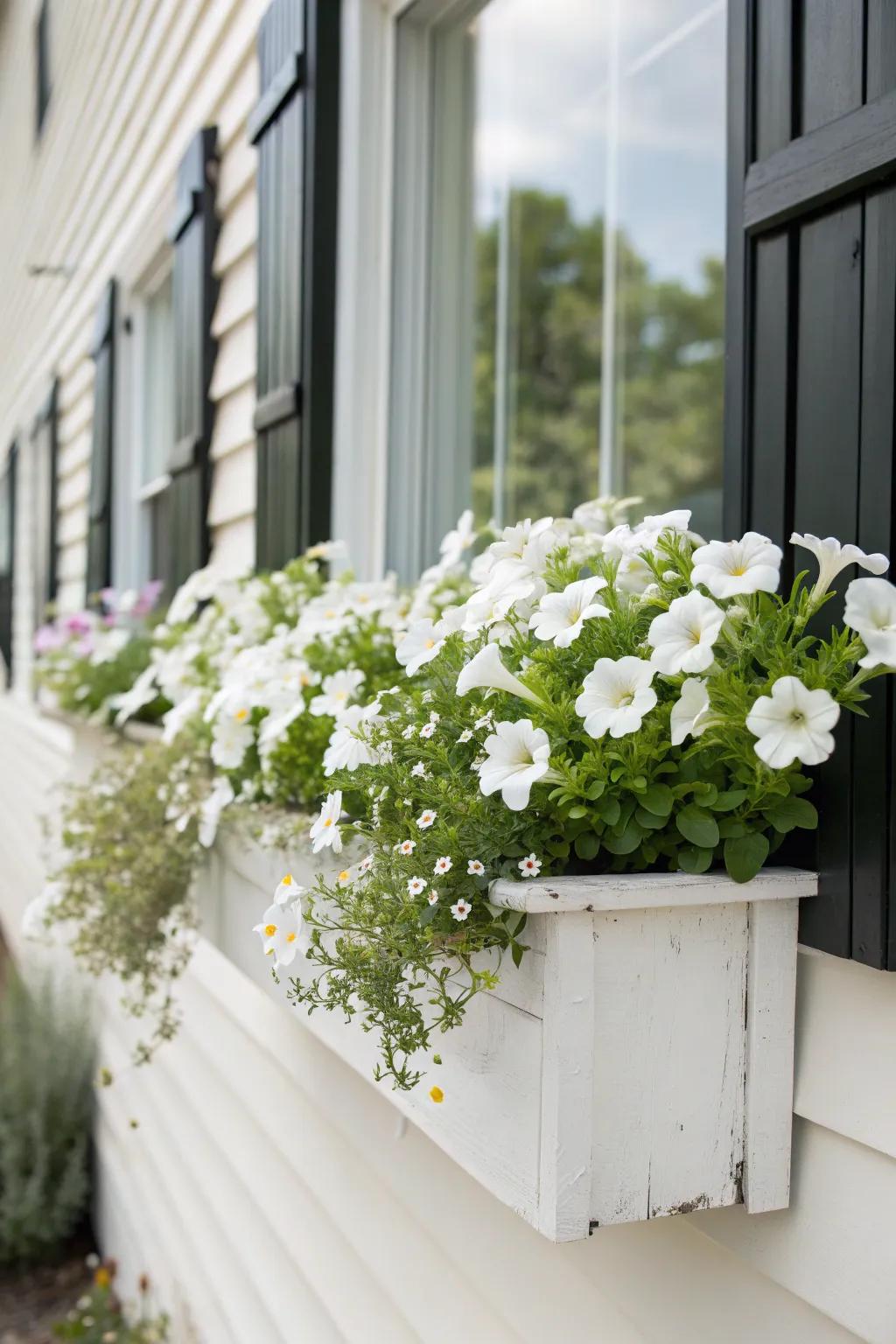 All-white “clean & crisp” window box blooms—calm, full, and instantly polished for summer.