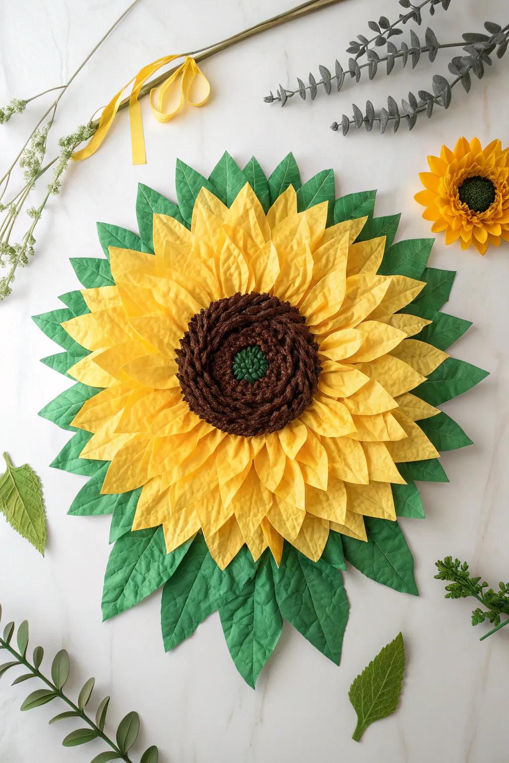 Crafting sunshine: A vibrant tissue paper sunflower collage that brings a touch of nature's beauty indoors.