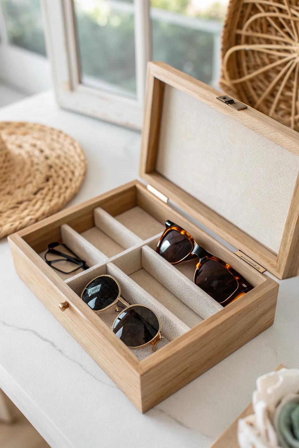 Linen-lined compartment box keeps every pair protected, visible, and beautifully organized.