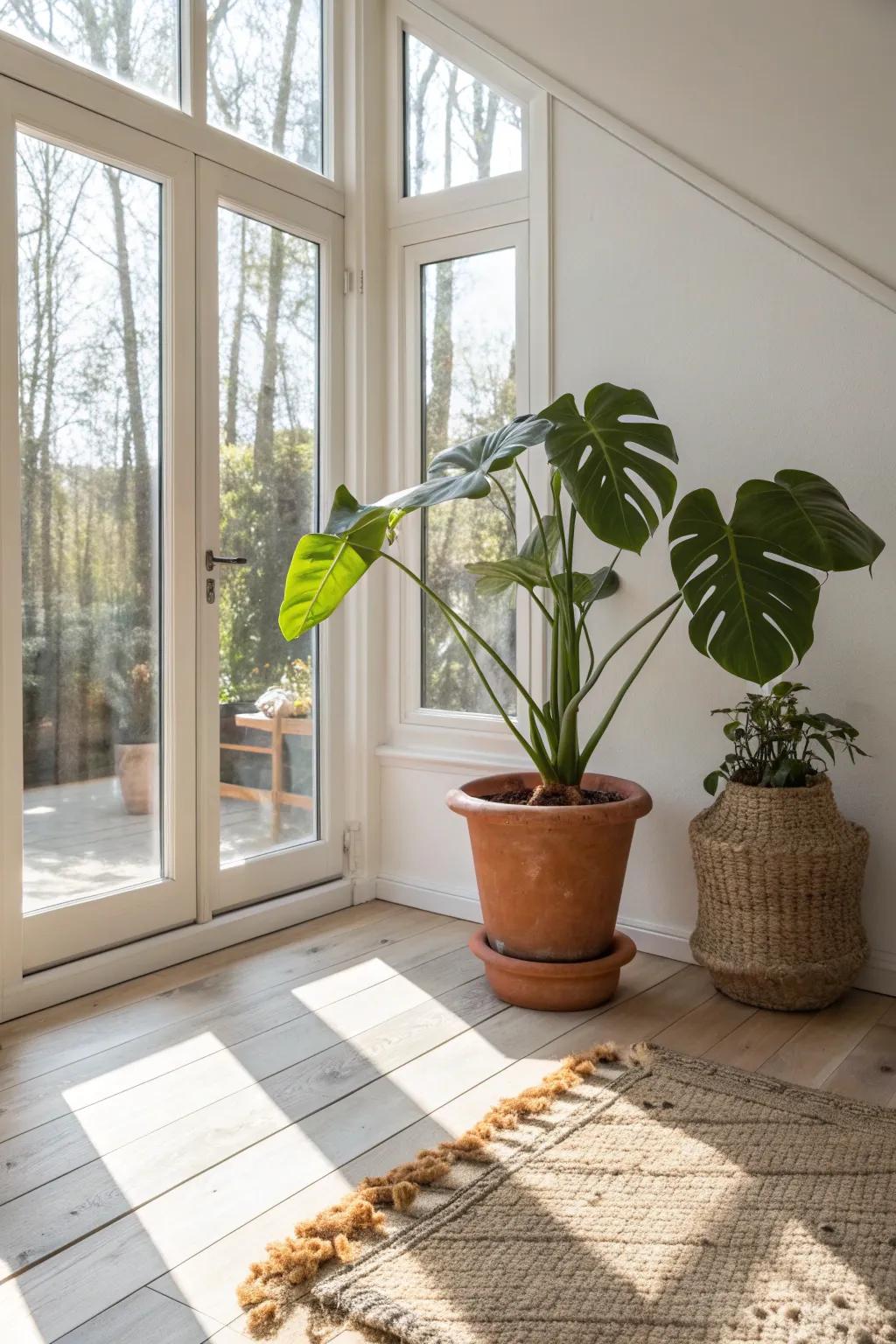 Anchor your sunroom corner with a bold monstera—lush, sculptural, and perfect in bright indirect light.