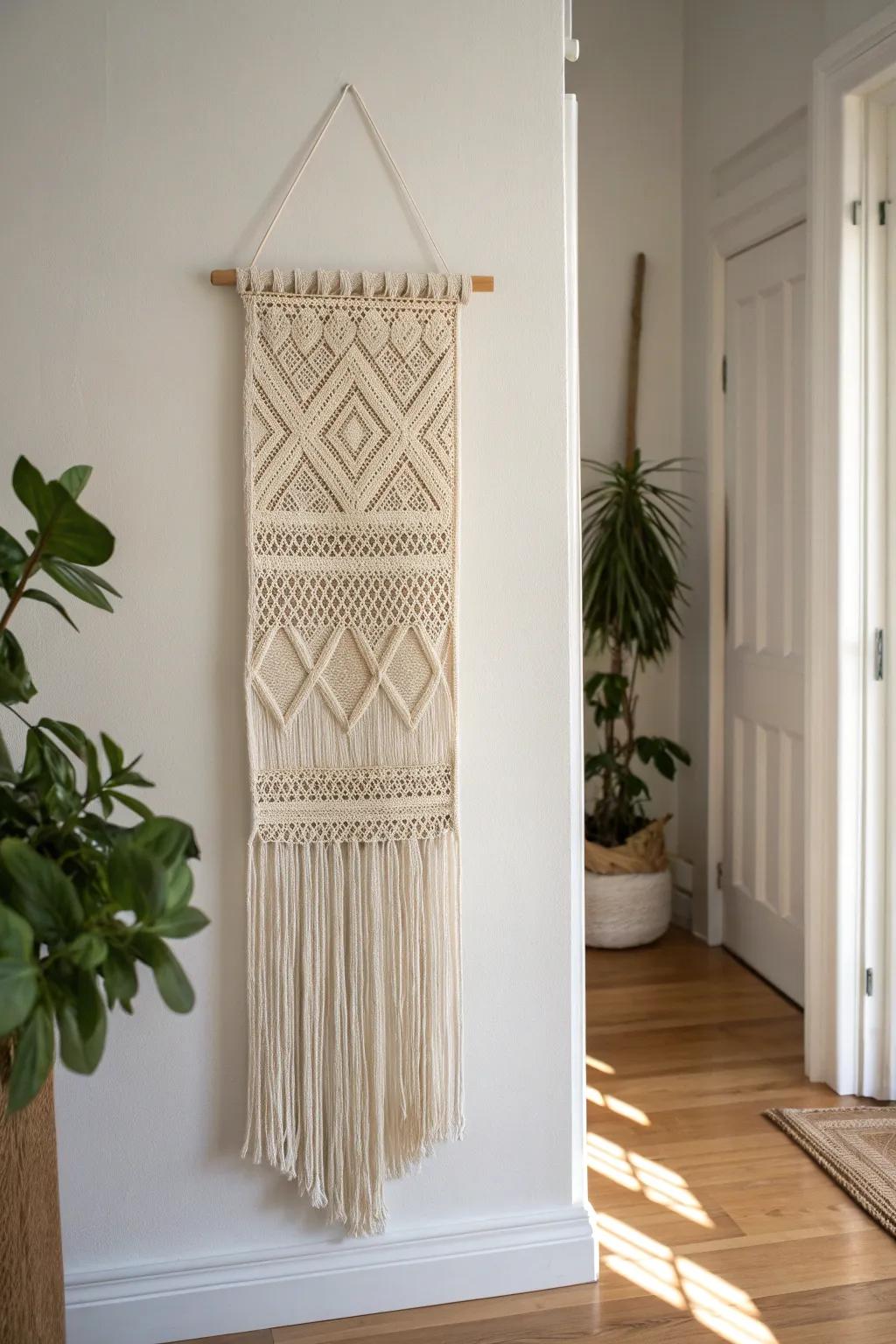 A tall, narrow entryway instantly softens with one vertical woven tapestry in warm neutrals.