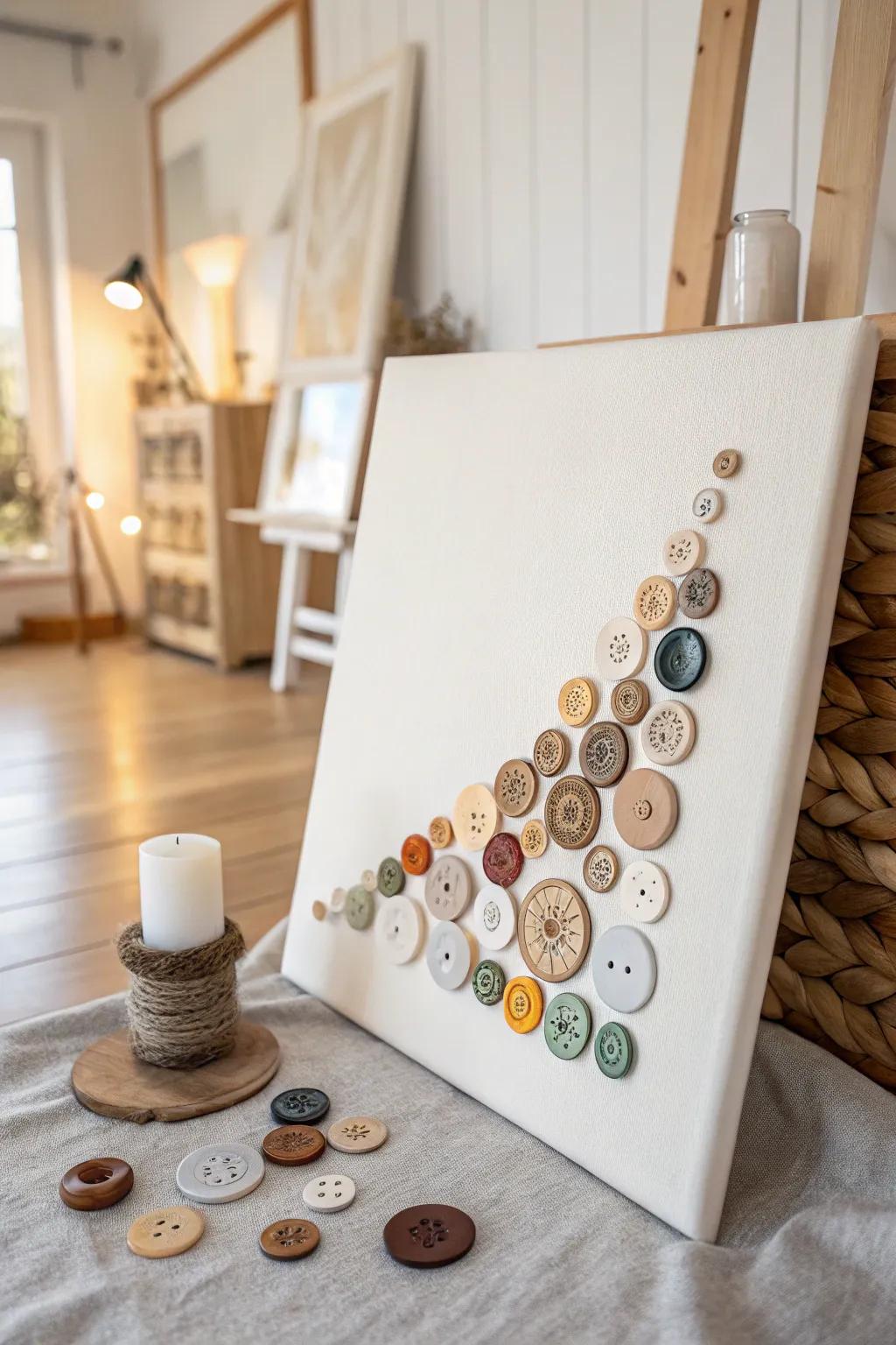 Celebrate teamwork with this serene and stylish button art masterpiece, where every button tells a story of collaboration.
