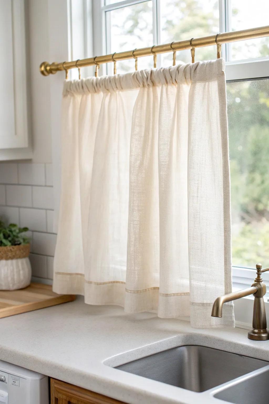 A linen café curtain on a tension rod softens your sink window while keeping the light.