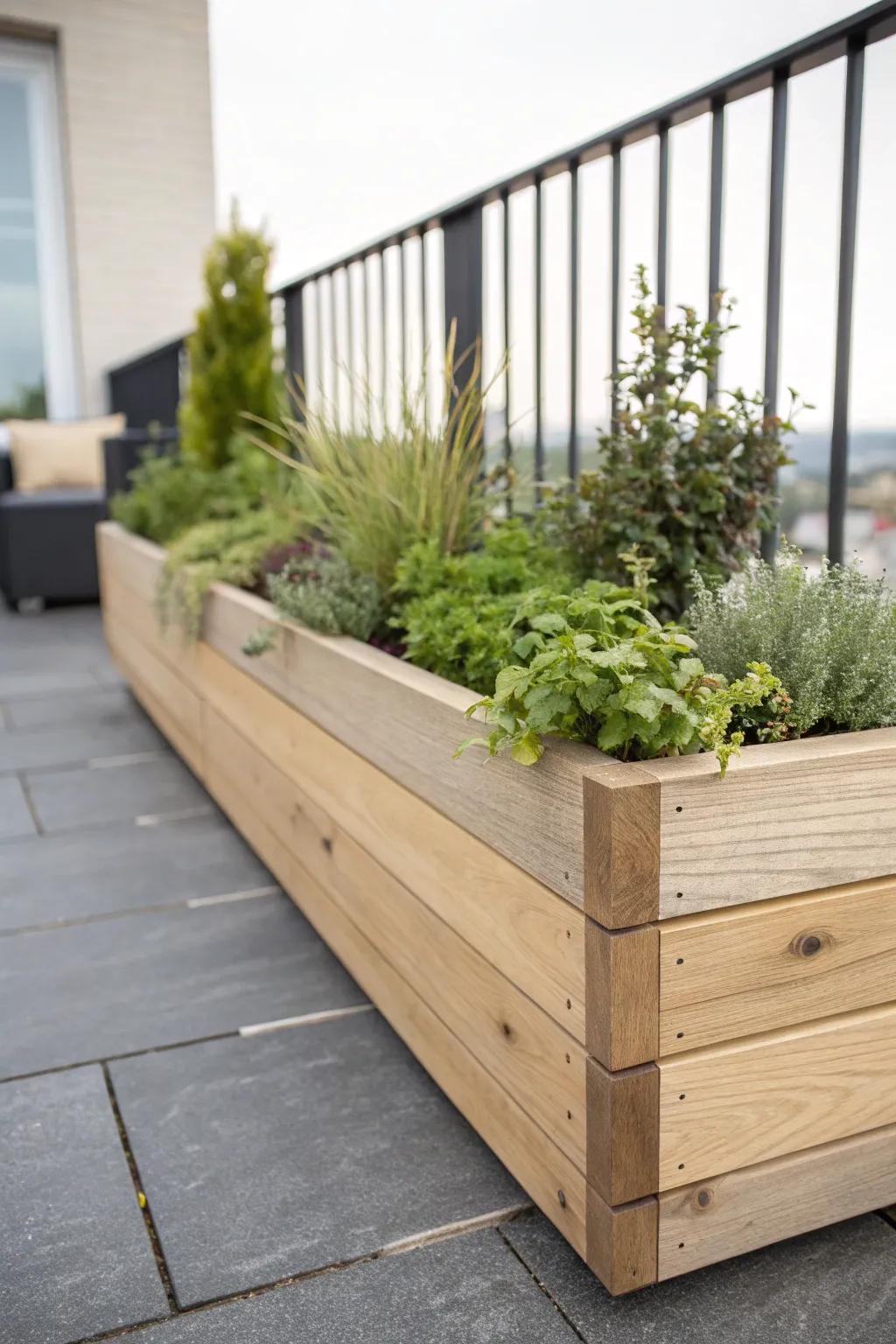 A raised planter box creates a soft border—privacy, greenery, and cozy terrace vibes.