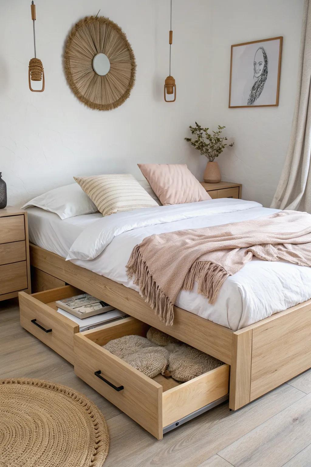 A sleek oak platform bed with hidden drawers—tiny-home storage that replaces a whole dresser.