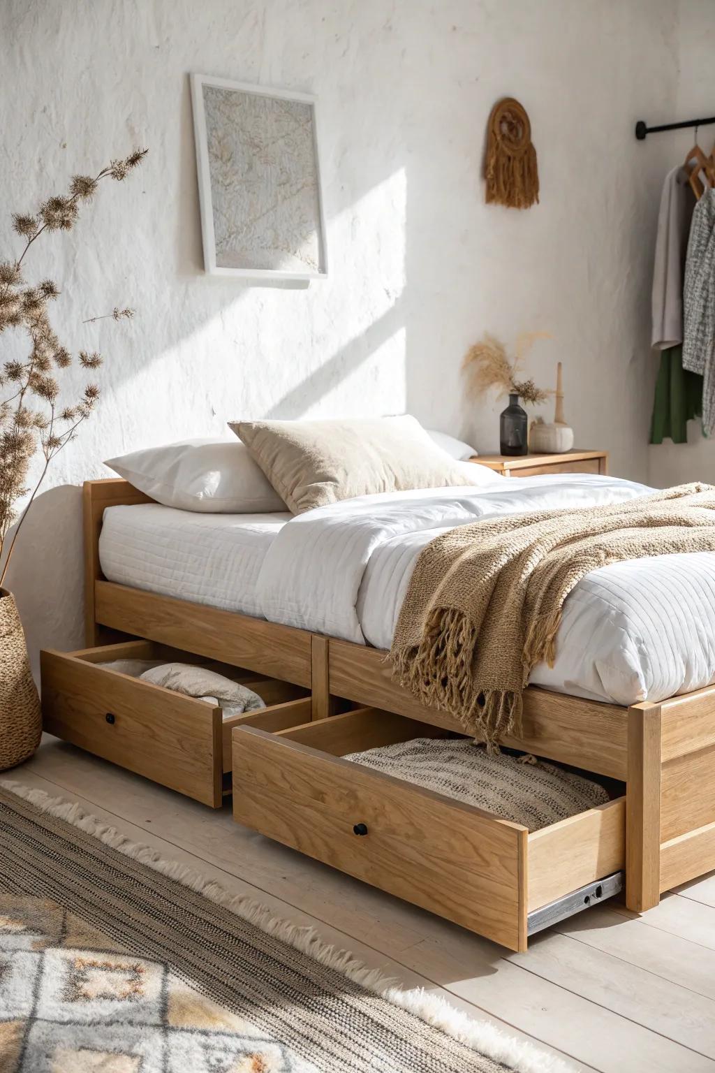 A bed with built-in drawers doubles your storage—perfect for blankets and off-season clothes.