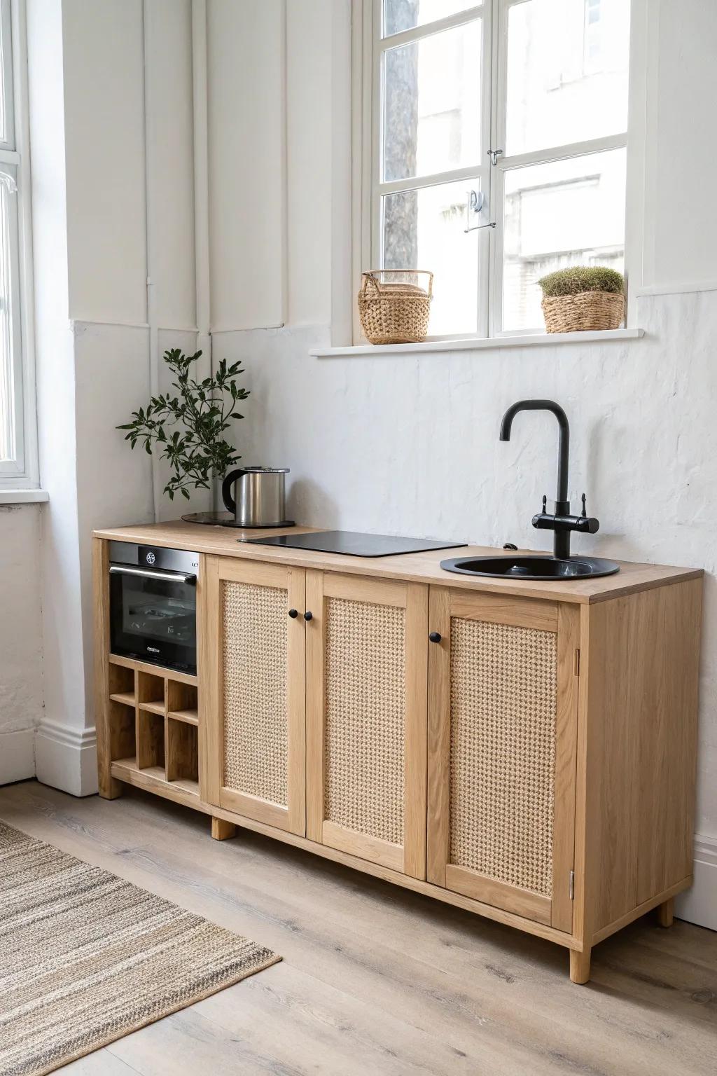 Budget-friendly tiny home: a one-wall kitchen unit that saves space and looks serene.