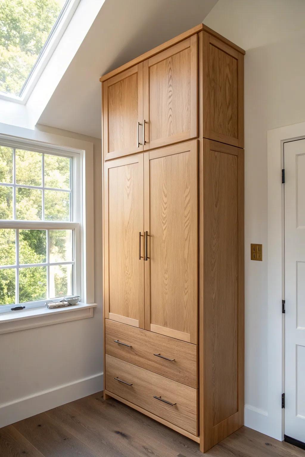 Ceiling-height cabinets turn tiny kitchens into calm storage—stash seasonal items up top in bins.