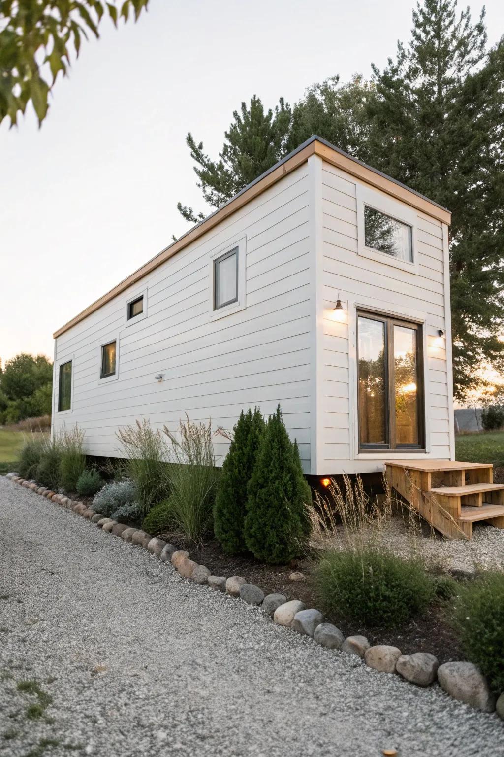 Low, bushy foundation greens soften a raised tiny home and make it feel grounded and finished.