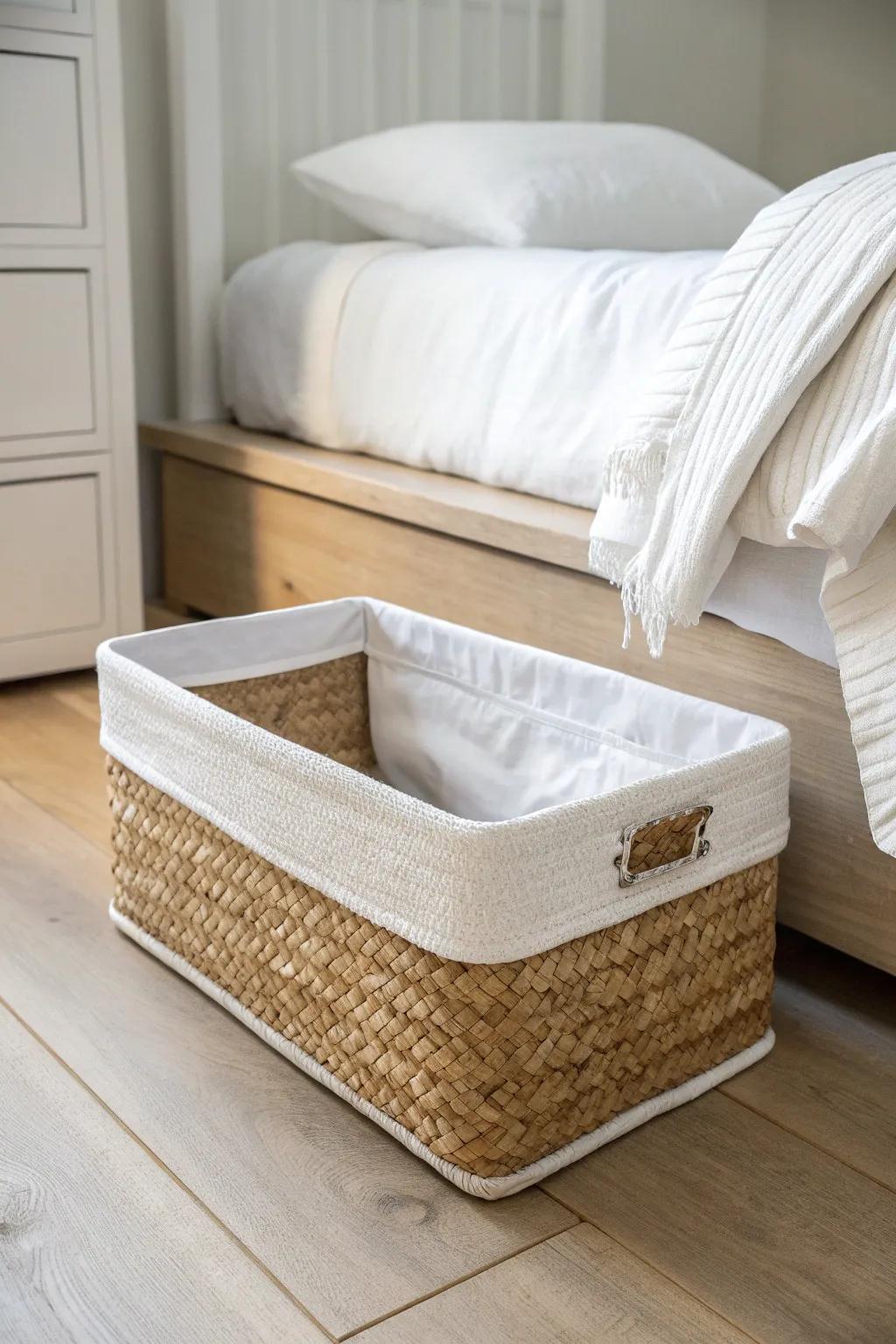 A shallow lidded bin turns your loft bed into a tidy storage deck—uniform, calm, and airy.