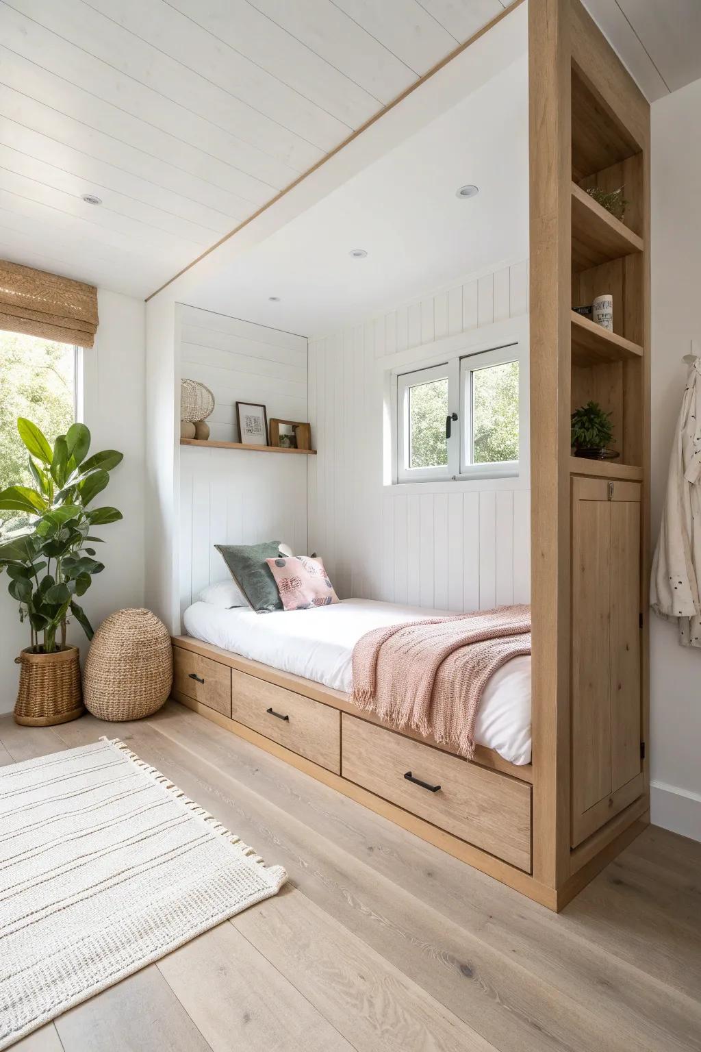 End-to-end bed layout: a built-in nook that makes a narrow tiny room feel calm and cozy.