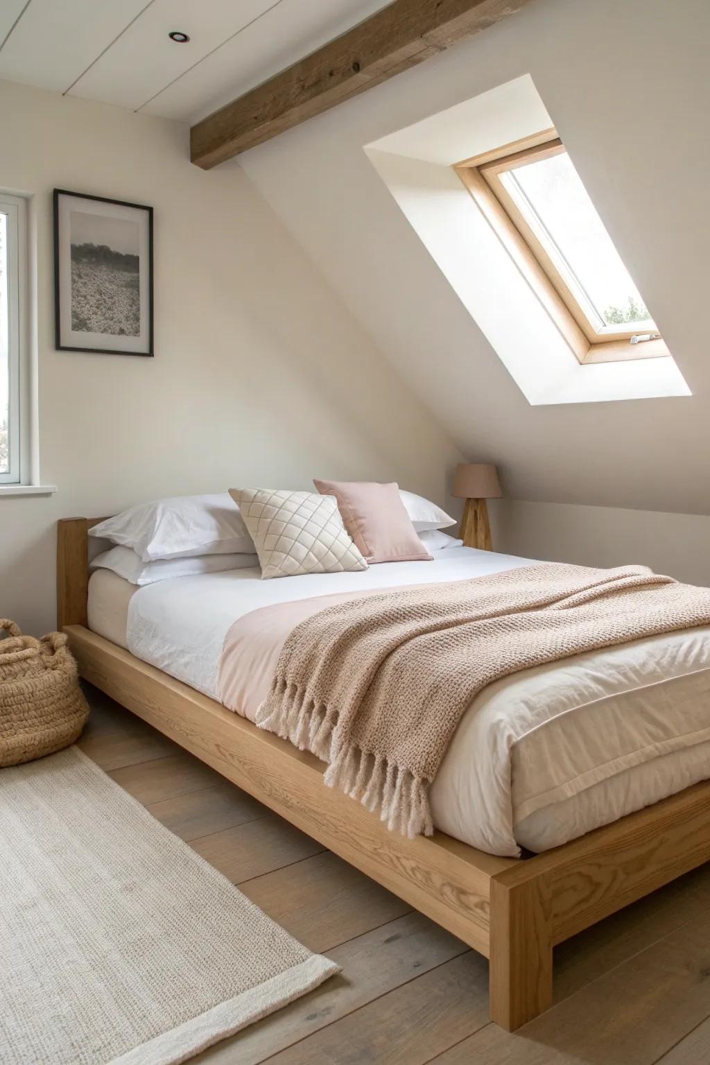 Warm white walls + pale linen layers make a tiny bedroom feel airy, soft, and cozy.