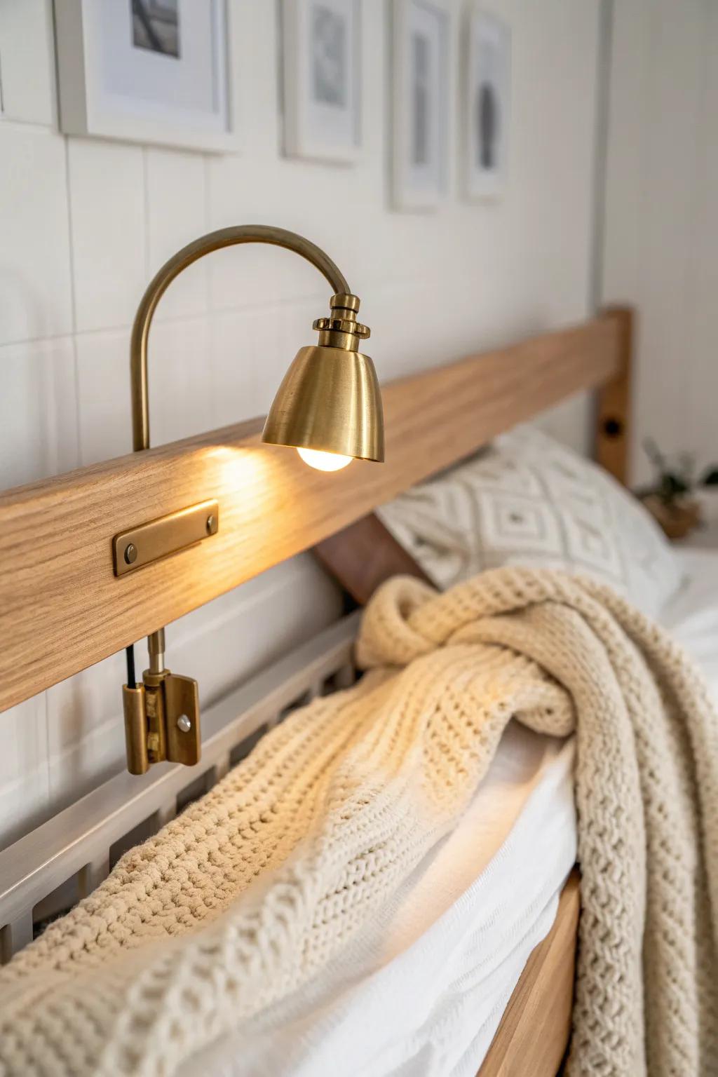 A warm clip-on reading light turns the top bunk into a cozy, intentional nighttime retreat.