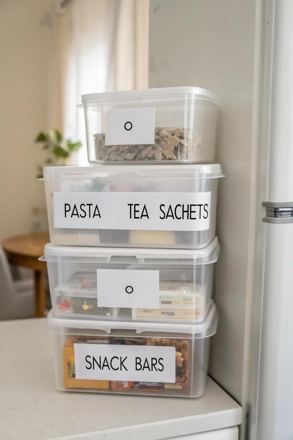 See-through, labeled stackables turn the top of your fridge into a tidy mini pantry.