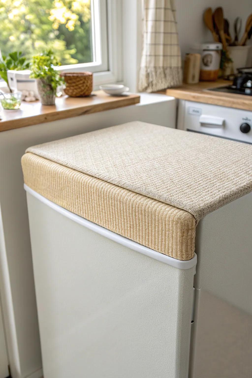 A washable non-slip liner keeps top-of-fridge storage steady and makes dust cleanup easy.