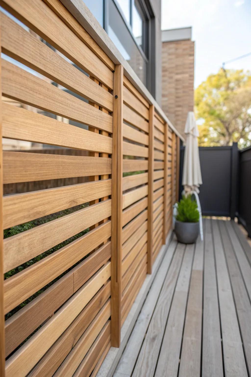 Modern horizontal slat divider: airy privacy, clean lines, and a taller feel for small decks.