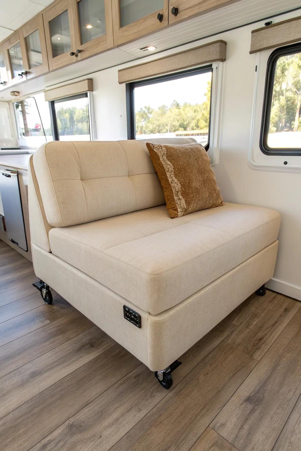 A roll-away modular sofa seat keeps your toy hauler lounge flexible and ramp-ready.