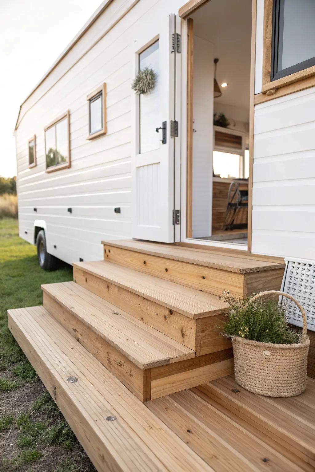 Wide porch steps instantly give a trailer entrance a grand feel—plus space for simple styling.