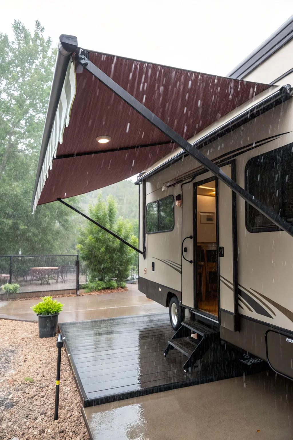 Stay dry in style: A masterfully crafted retractable awning keeps your truck camper porch cozy and weatherproof.