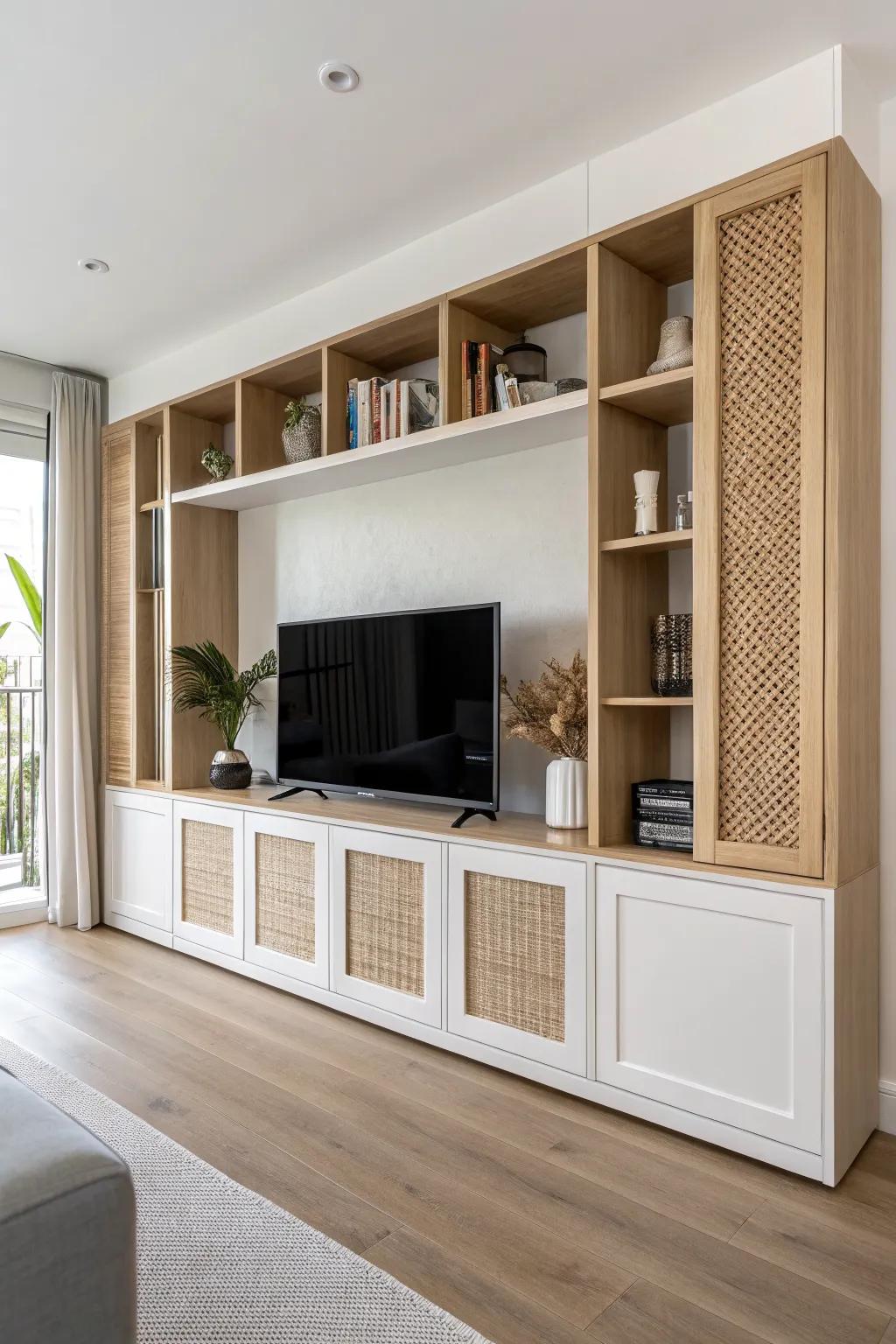 Fake a custom media wall: wall‑to‑wall cabinets flanking a sleek TV console in light oak.
