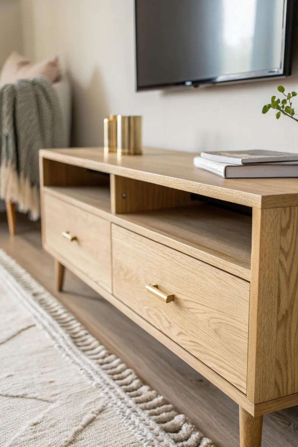 New brass pulls instantly refresh a tired TV stand—clean, modern, and renter-friendly.