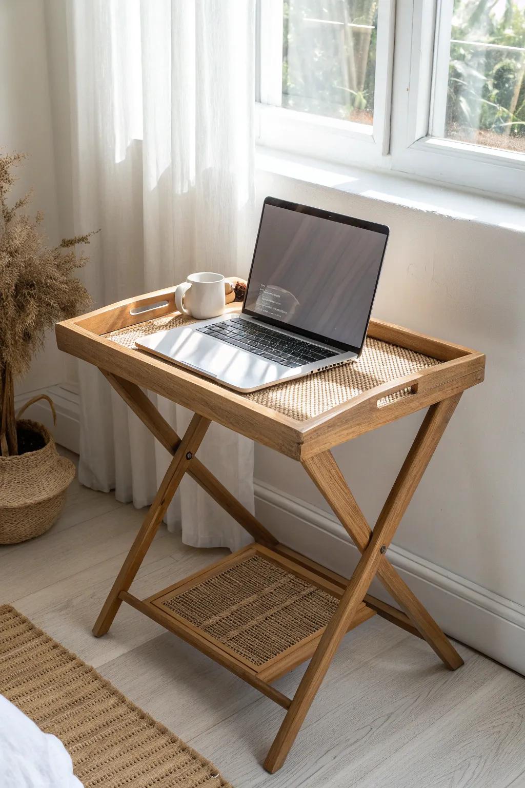 A TV tray becomes a chic portable laptop desk—perfect for sunlit corners in small spaces.