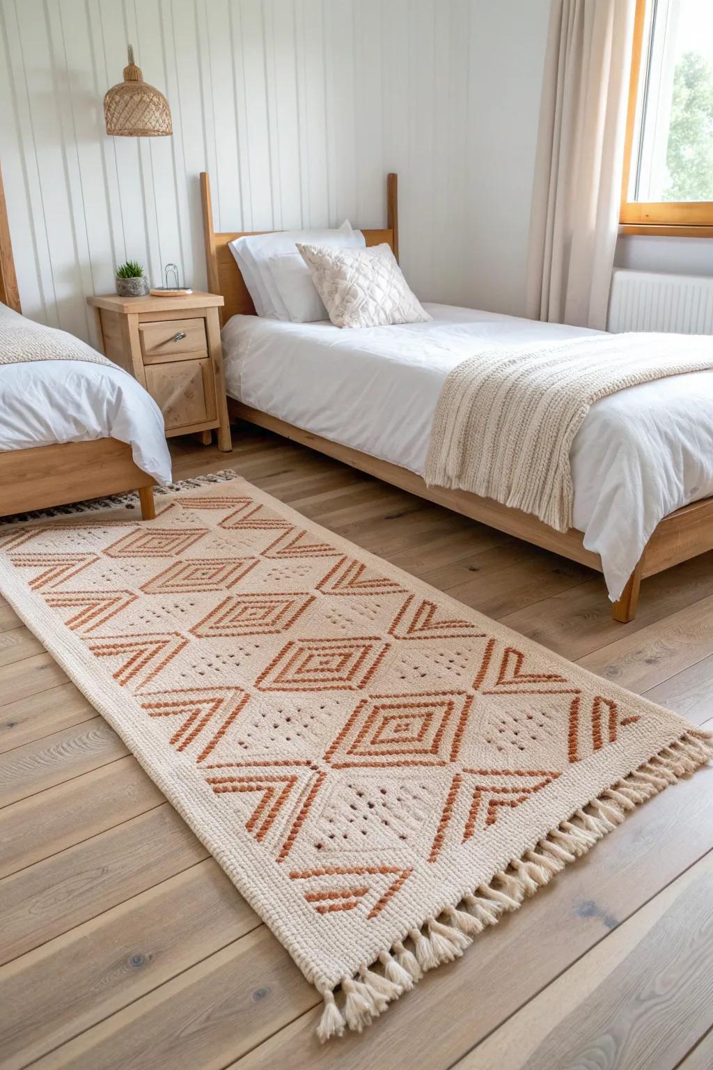 One oversized rug ties two twin beds into a calm, cohesive, designer-feel guest zone.