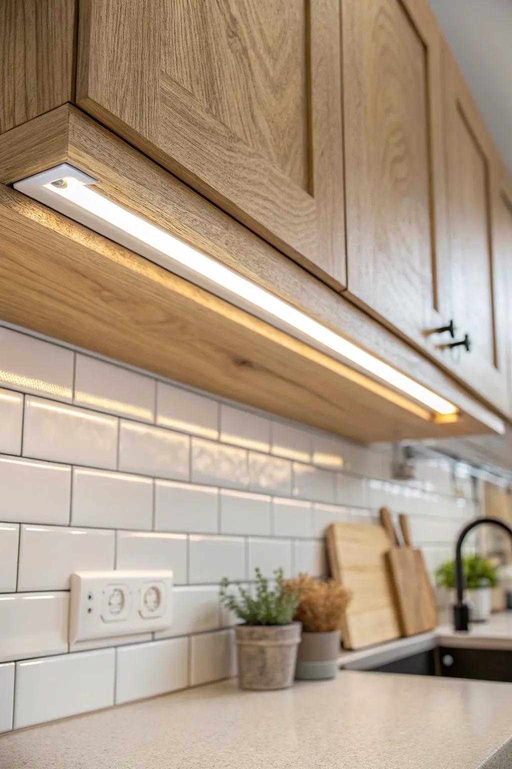 Slim under-cabinet light bar with a crisp, warm beam—simple install that elevates your counters.