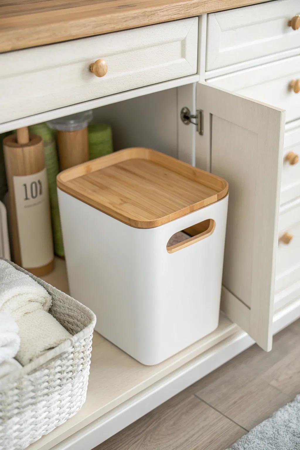 Matching bins make instant compartments—tidy up fast without the cleaning-supply Jenga.