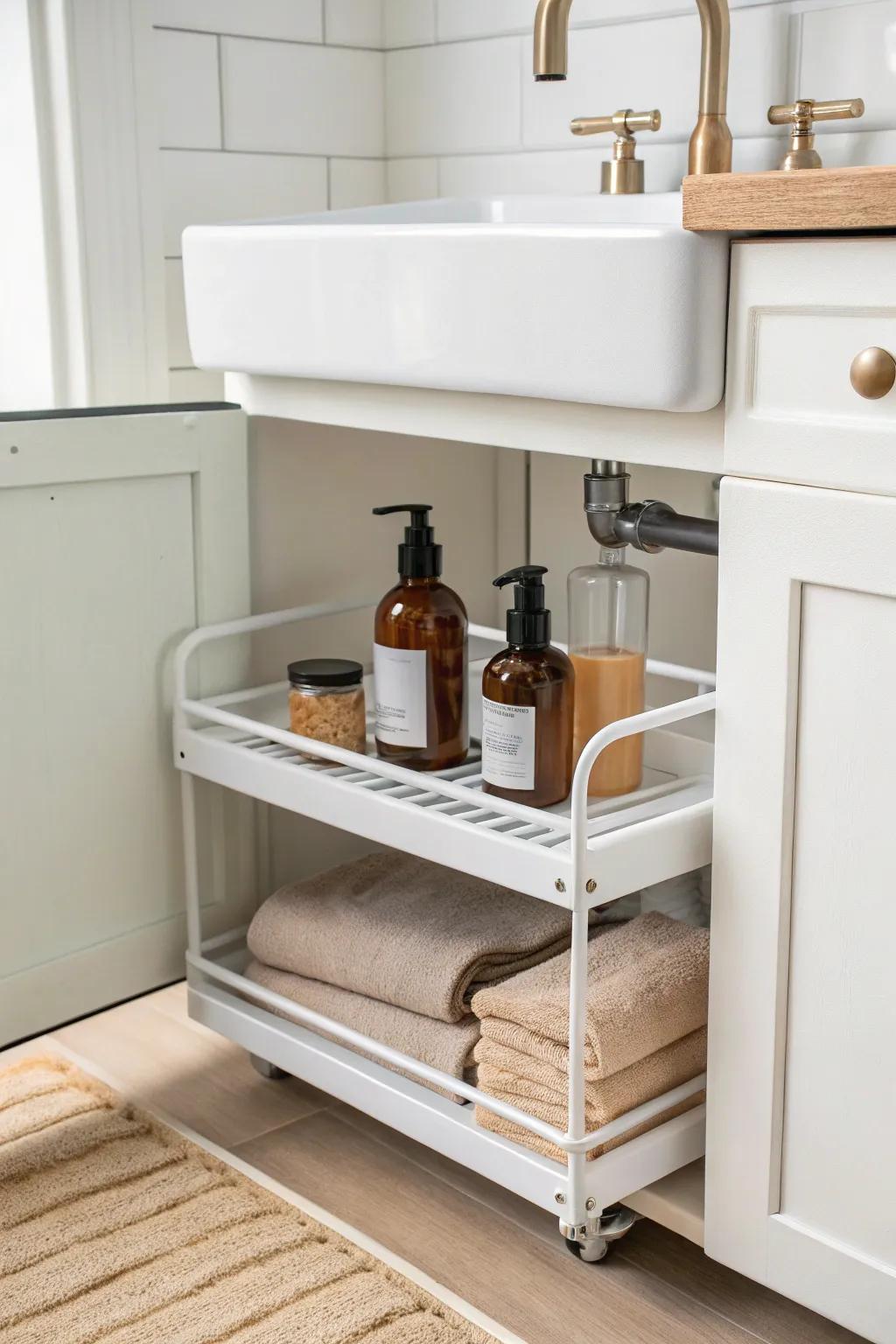 A two-tier sliding shelf turns tricky under-sink space into sleek, easy-reach storage.
