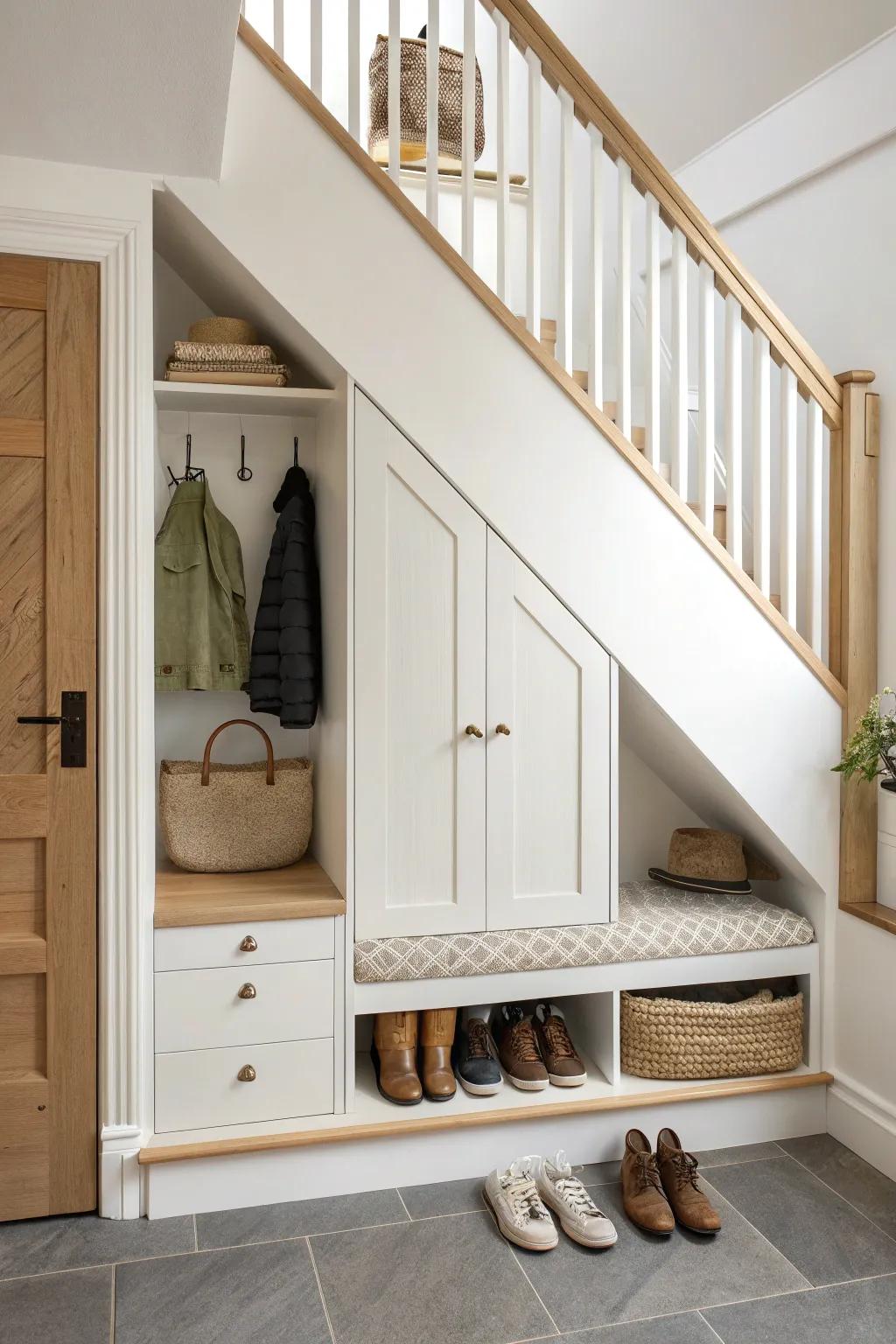 Under-stairs coat & shoe drop zone—hooks, cubbies, and a calm, clutter-free entryway.
