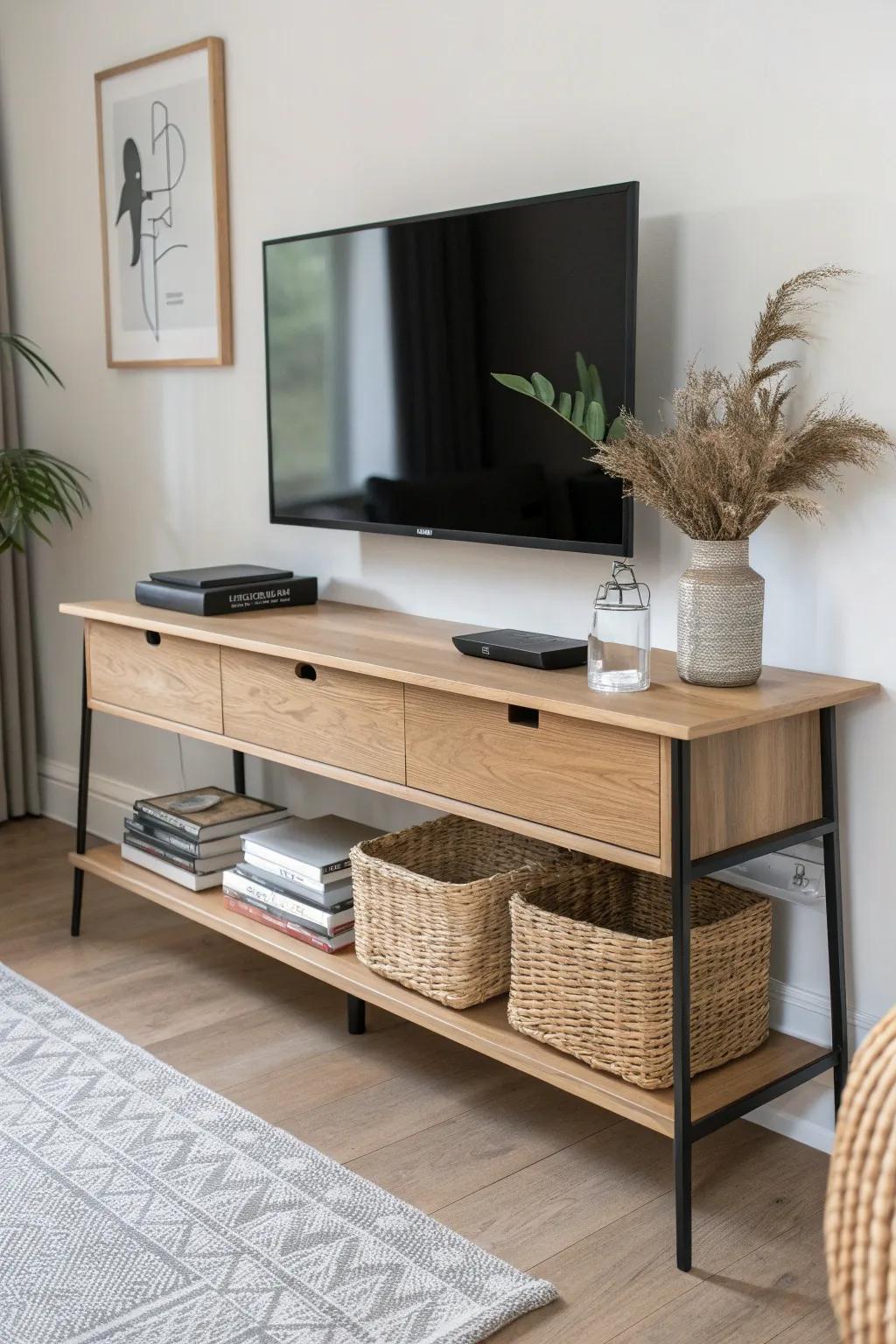 A slim console under the TV with hidden woven bins—storage without stealing floor space.