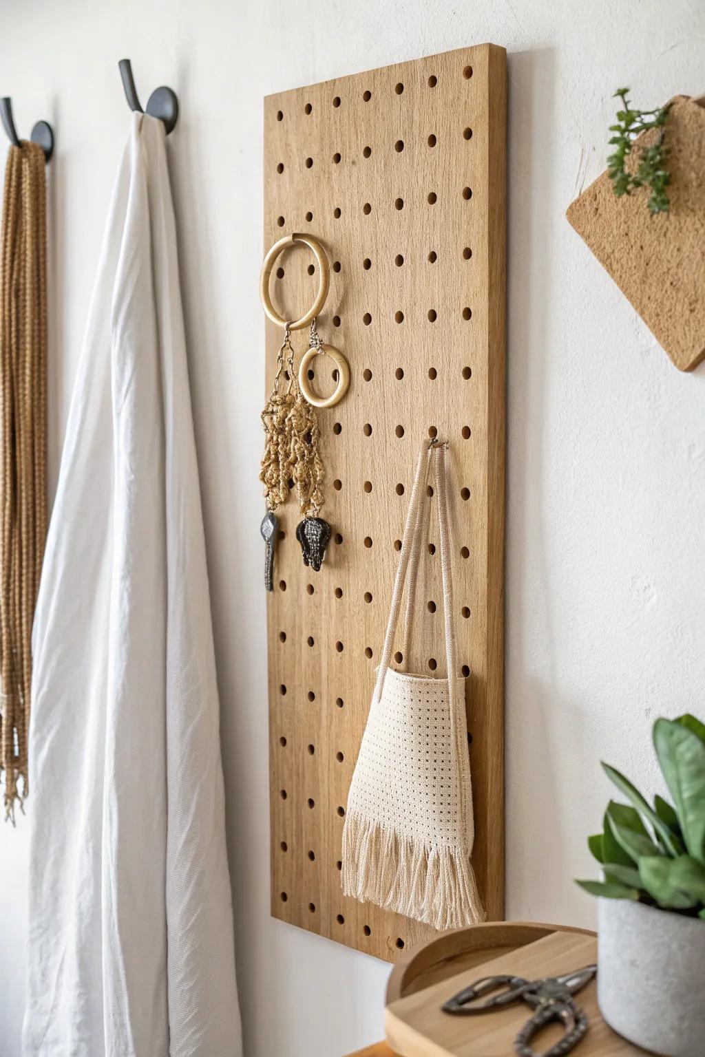 A vertical pegboard turns blank wall space into chic, visible storage for everyday essentials.