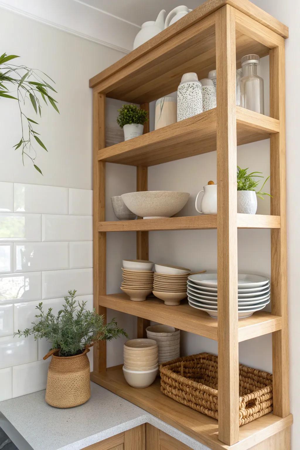 Swap upper corner cabinets for airy open shelves—styled with plates, plant, and one basket.