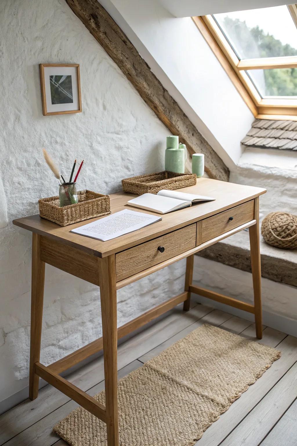 A slim window-facing loft desk that floods your workspace with natural light—small-space magic.