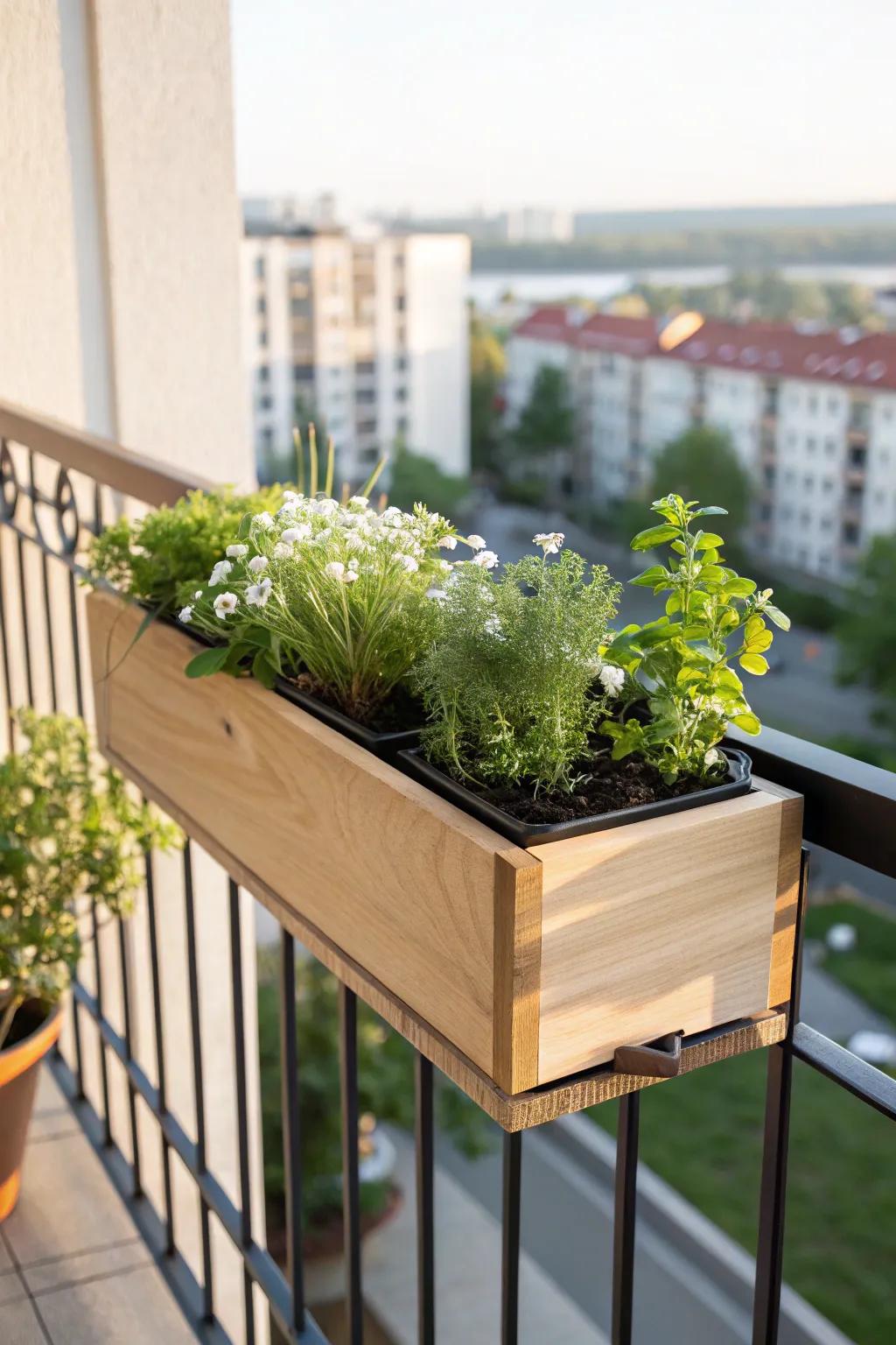 A slim railing planter turns your balcony edge into a mini skyline garden—greenery without losing floor space.