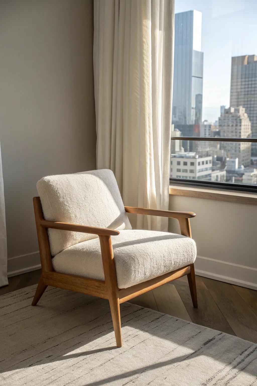 Warm whites + soft wood: one neutral statement chair instantly calms a city living room.